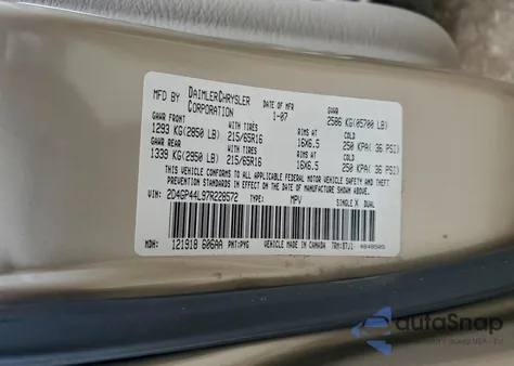 2007 Dodge Grand Caravan Sxt из США, поврежденный, VIN 2D4GP44L97R228572